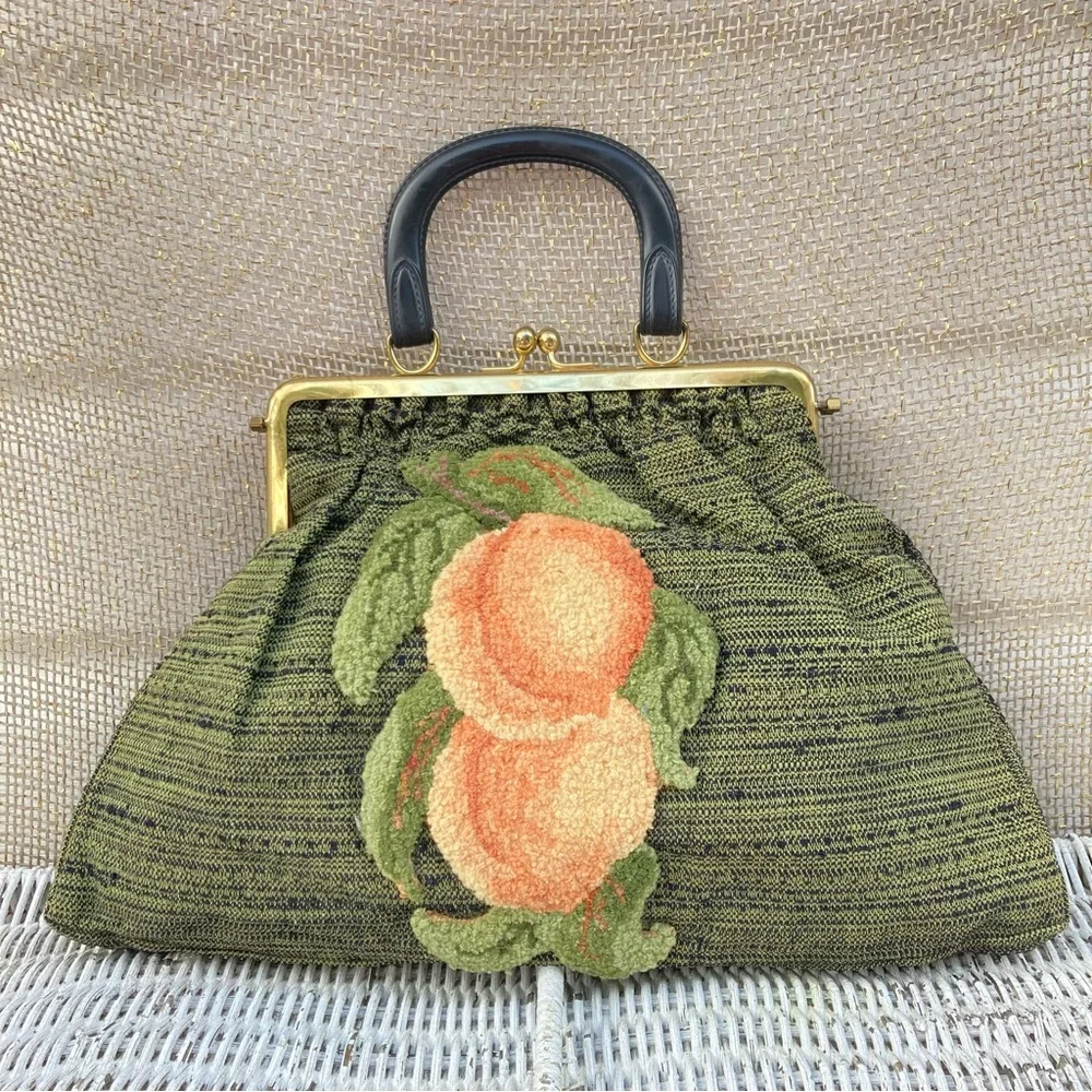 Vintage Style Peach Carpetbag Applique on Green Black Lined Fabric Handbag *HP!*